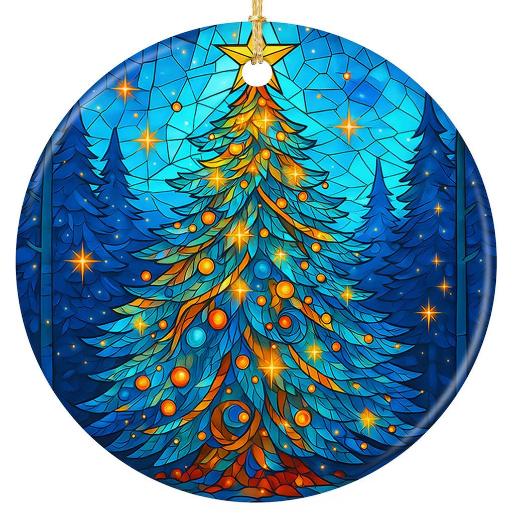 Mosaic Tree in Orange, Red and Gold Topped With a Star on a Teal Glass Sky. Ceramic Keepsake.