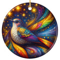 Ornate Songbird With Swirling Rainbow Wings on a Navy Sky Full of Gold Stars. Ceramic Keepsake.