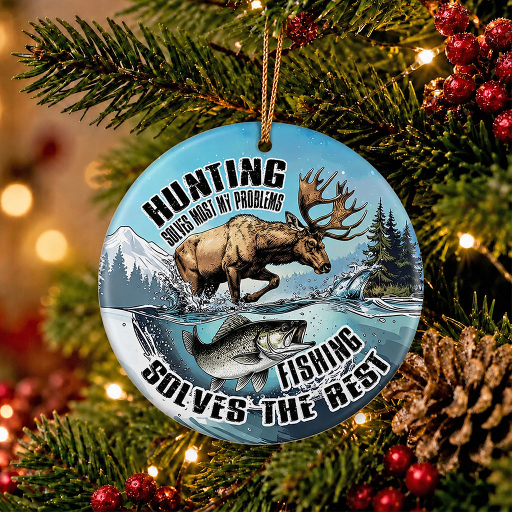 Hunting Christmas Ornament, Funny Moose Fishing Humor Gift, Ceramic Hanging Tree Decoration