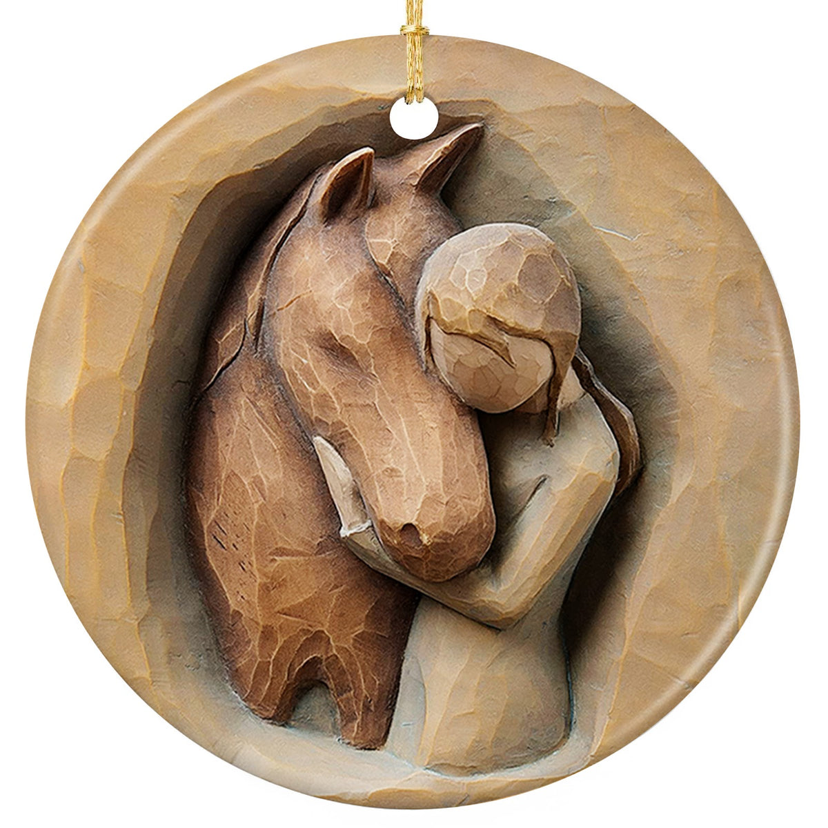 Carved-look Style Relief of a Person Embracing a Horse's Neck in Warm Tan Tones. Ceramic Keepsake.