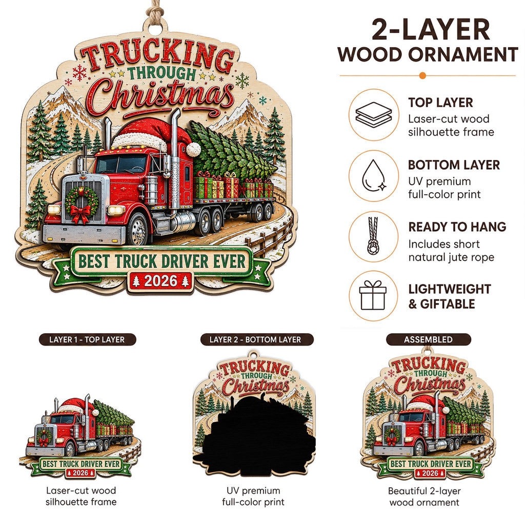 Trucking Christmas Ornament, Stocking Stuffer For CDL Truck Driver, Wood Tree Decoration