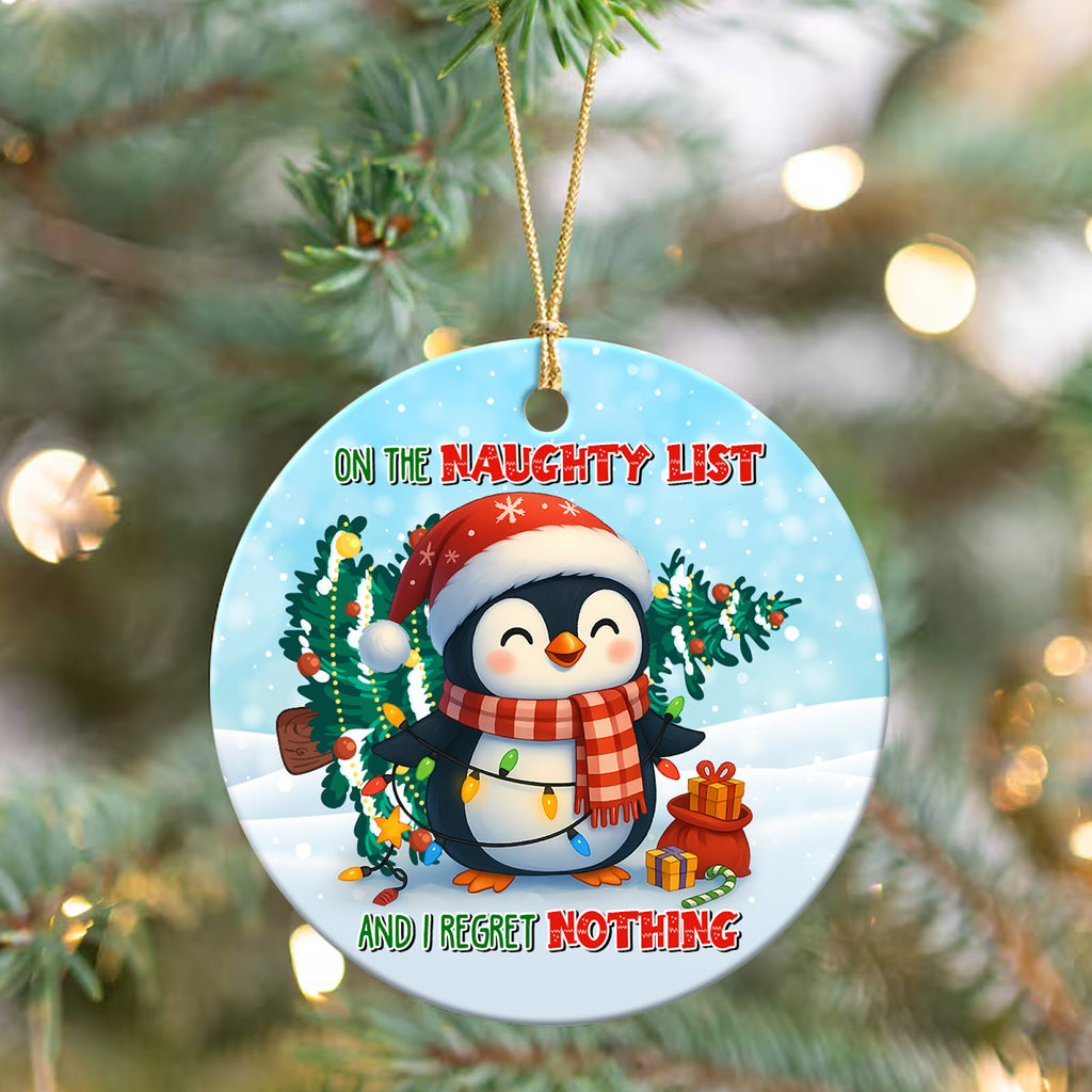 Penguin Christmas Ornament, Naughty List Funny Gift, Ceramic Hanging Tree Decoration
