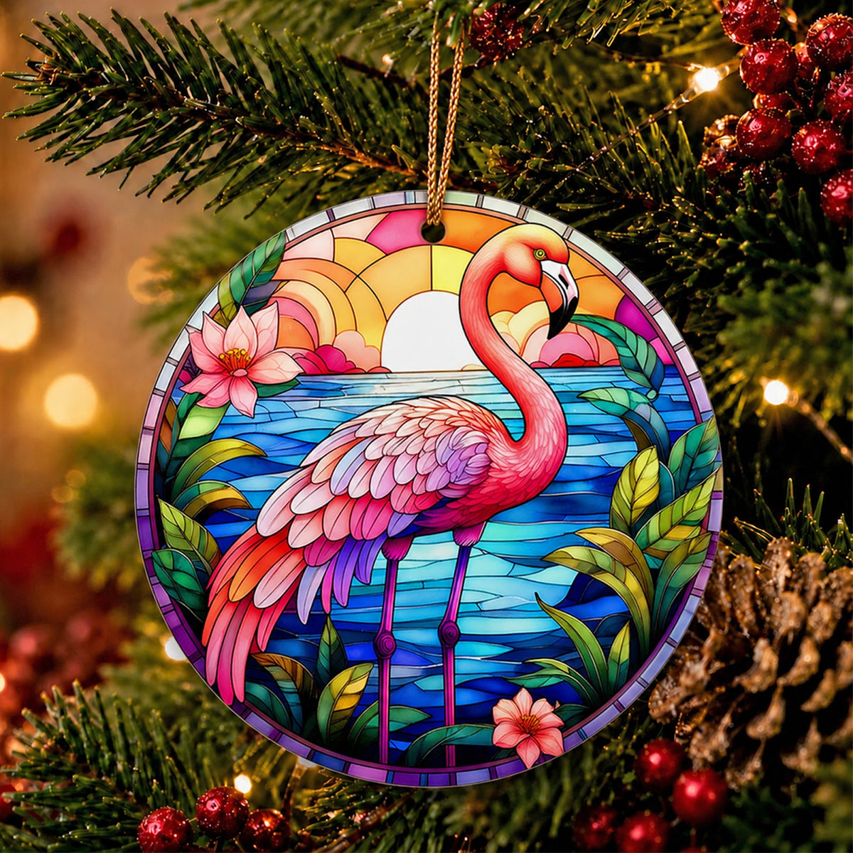 Flamingo Christmas Ornament, Stained Glass Tropical Gift, Ceramic Hanging Tree Decoration