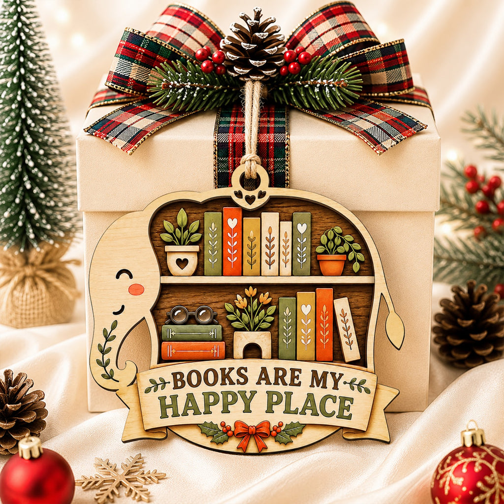 Elephant Book Reader Jungle Art Christmas Ornament, Elephant Reader Keepsake, Wood Ornament