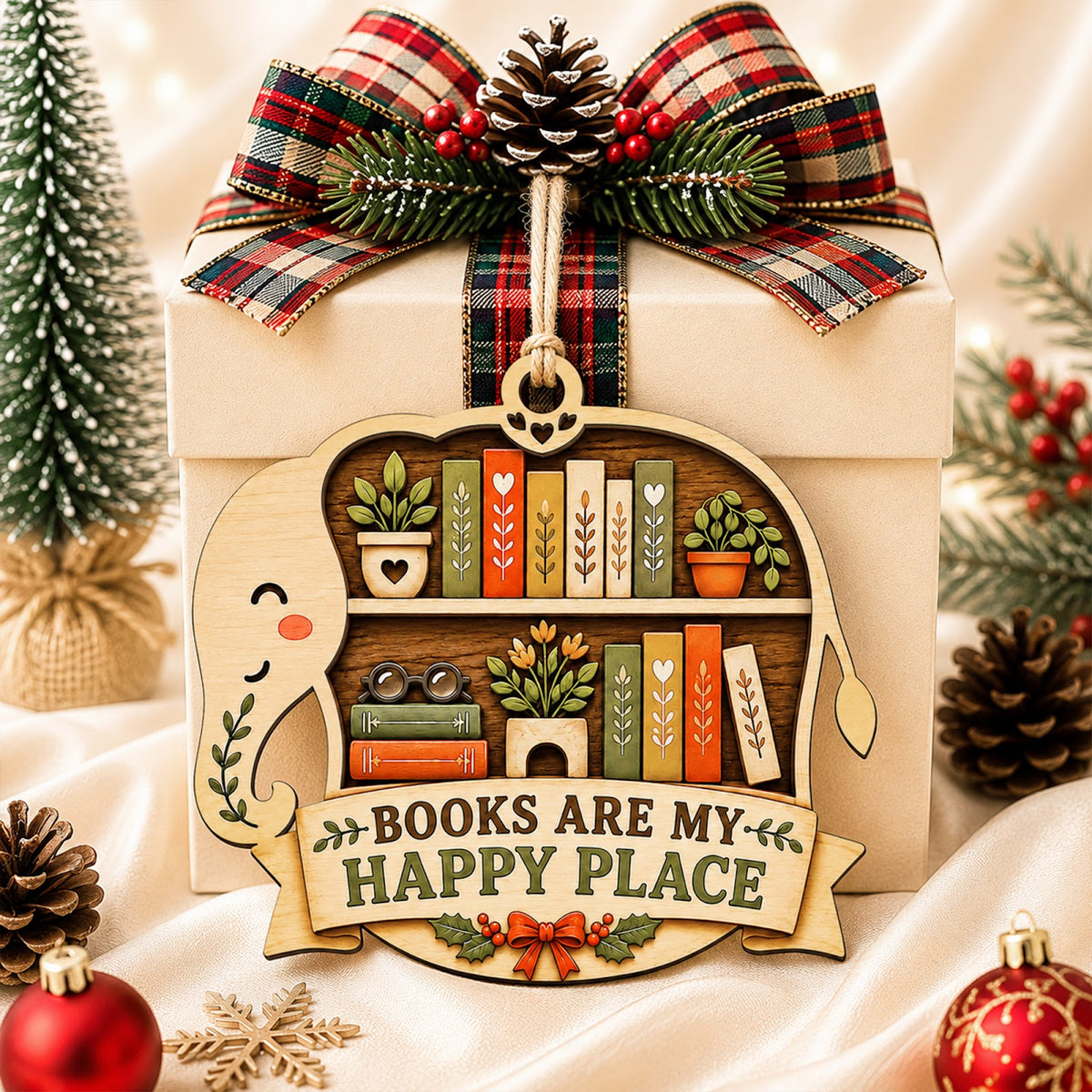 Elephant Book Reader Jungle Art Christmas Ornament, Elephant Reader Keepsake, Wood Ornament