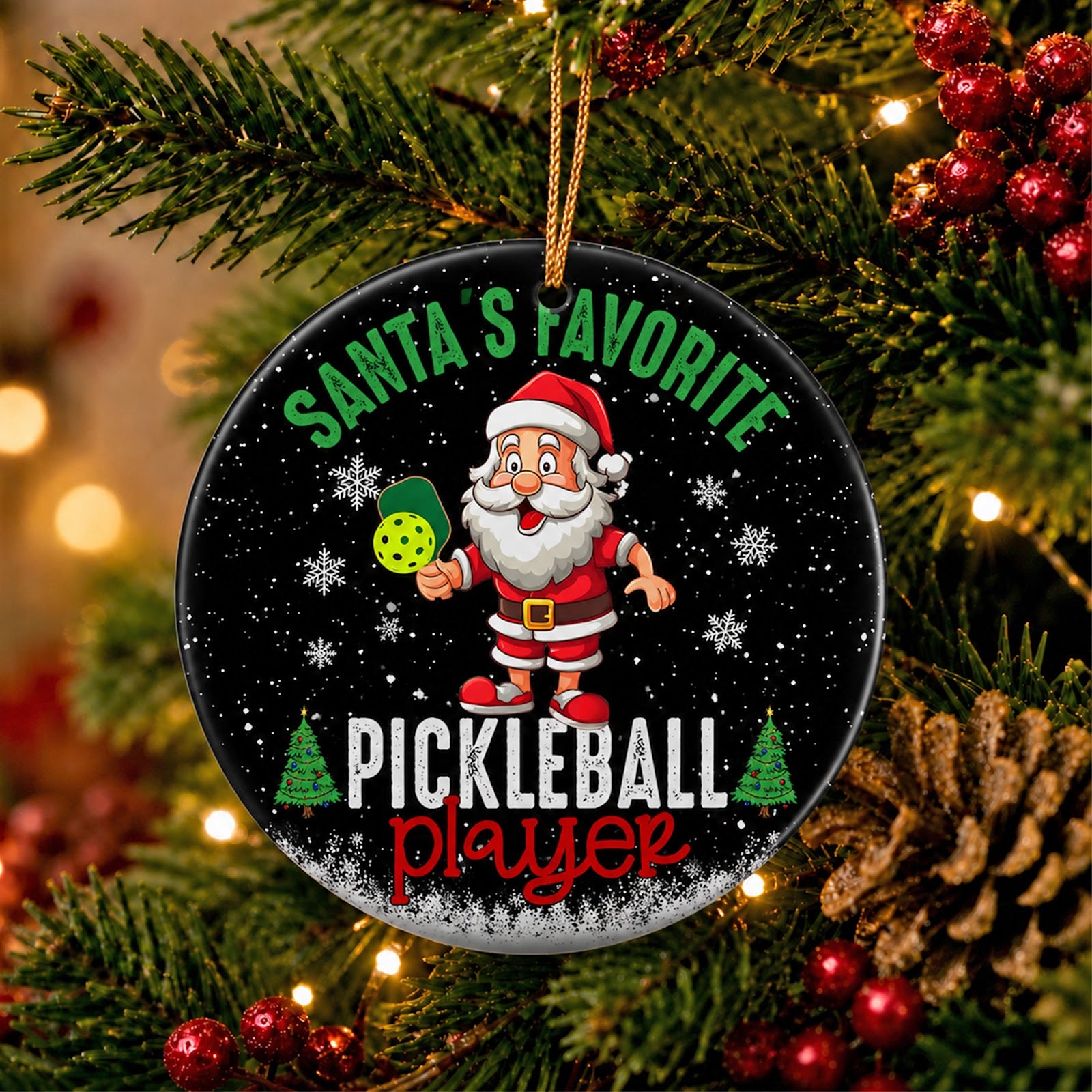 Pickleball Christmas Ornament, Santas Favorite Player, Ceramic Hanging Tree Decoration