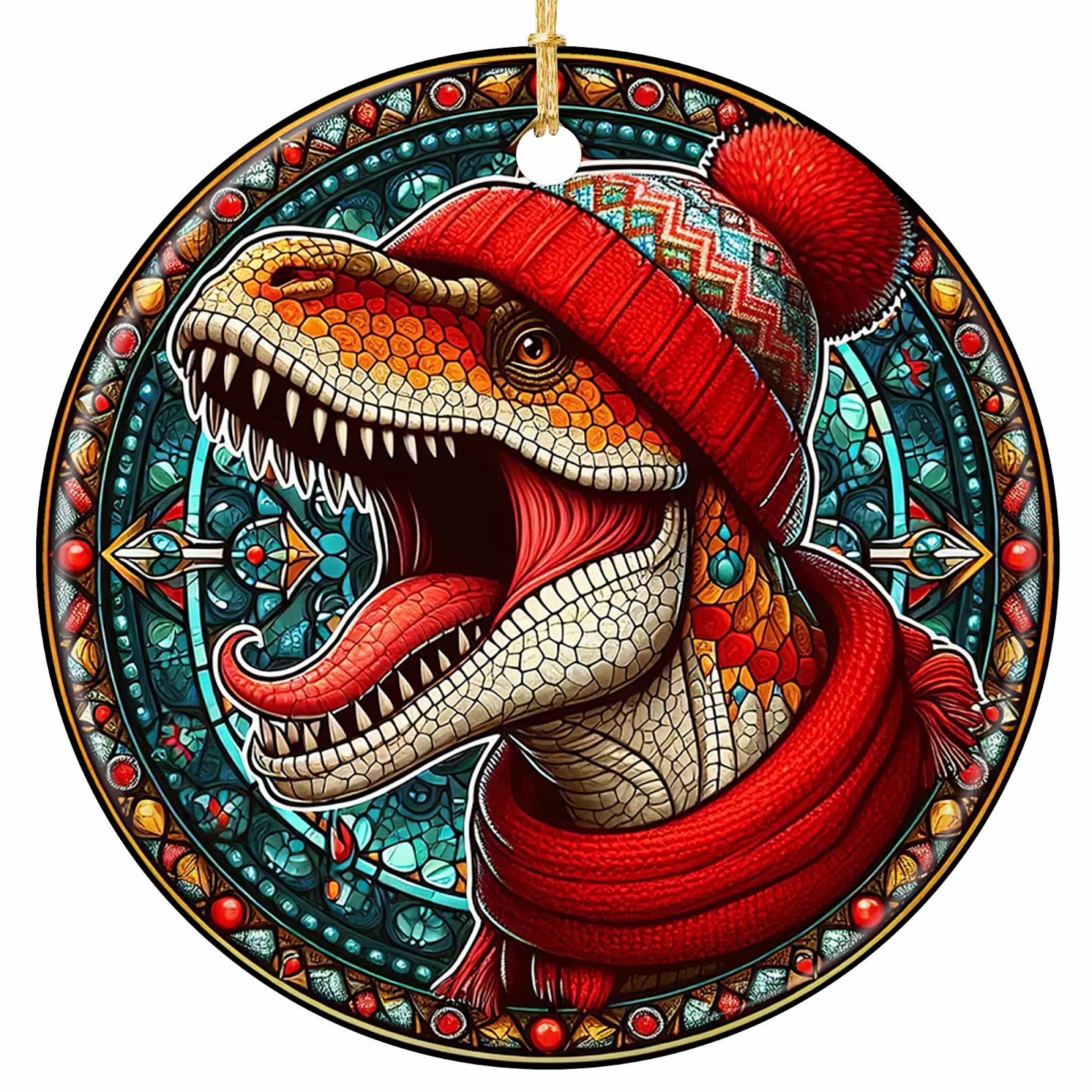 Roaring T Rex in Mosaic Scales Wearing a Red Pom Pom Beanie and Scarf. Ceramic Keepsake for Dino-Mad Kids.