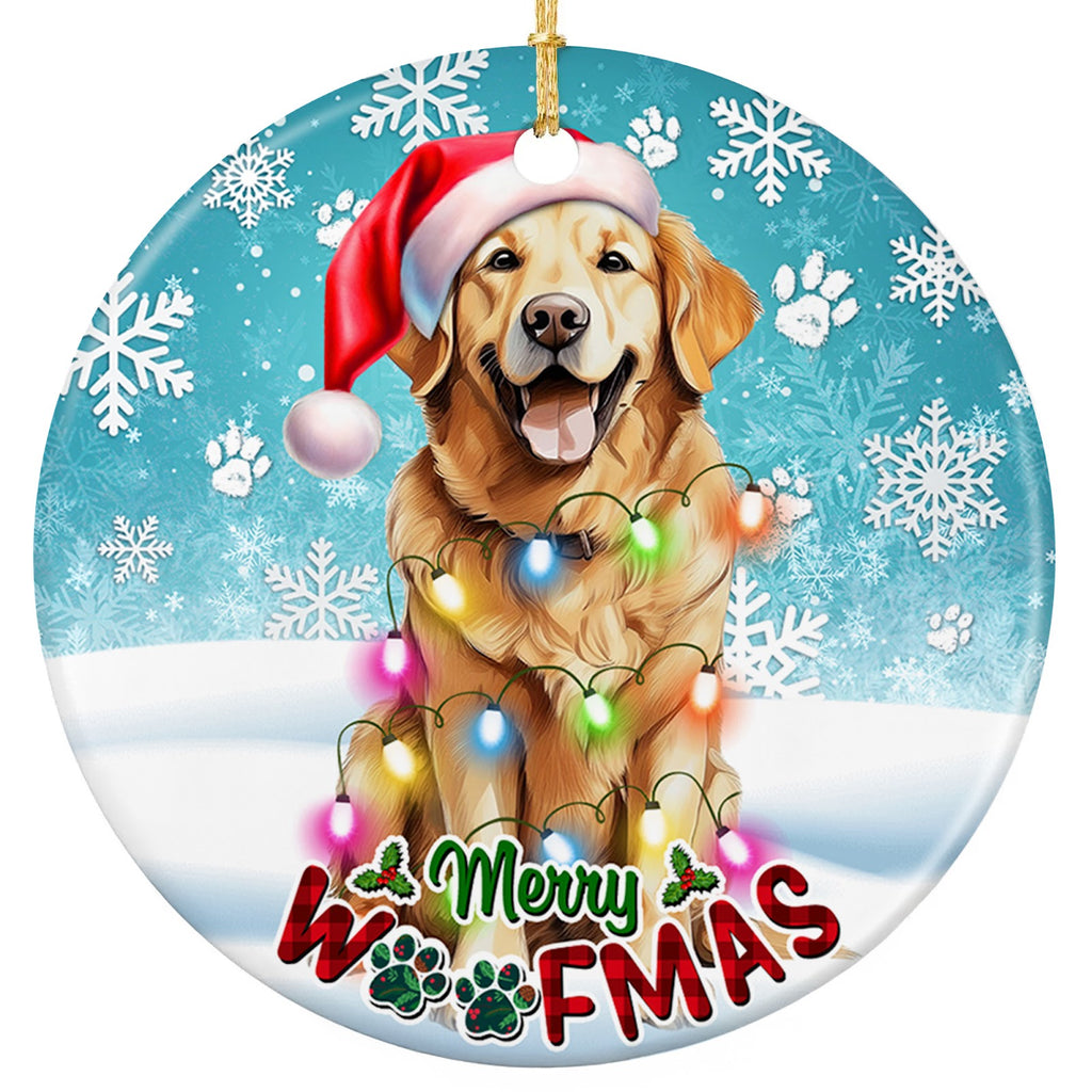 Golden Retriever in a Santa Hat Draped in Glowing Lights. Ceramic Keepsake for Golden Owners and Dog Parents.