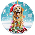 Golden Retriever in a Santa Hat Draped in Glowing Lights. Ceramic Keepsake for Golden Owners and Dog Parents.