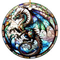 Bronze and Jade Dragon With Red Eyes on a Rocky Ledge in Faceted Glass. Ceramic Keepsake for Fantasy Fans.