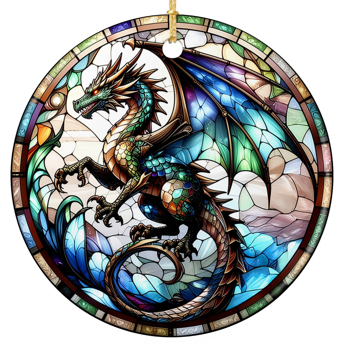 Bronze and Jade Dragon With Red Eyes on a Rocky Ledge in Faceted Glass. Ceramic Keepsake for Fantasy Fans.