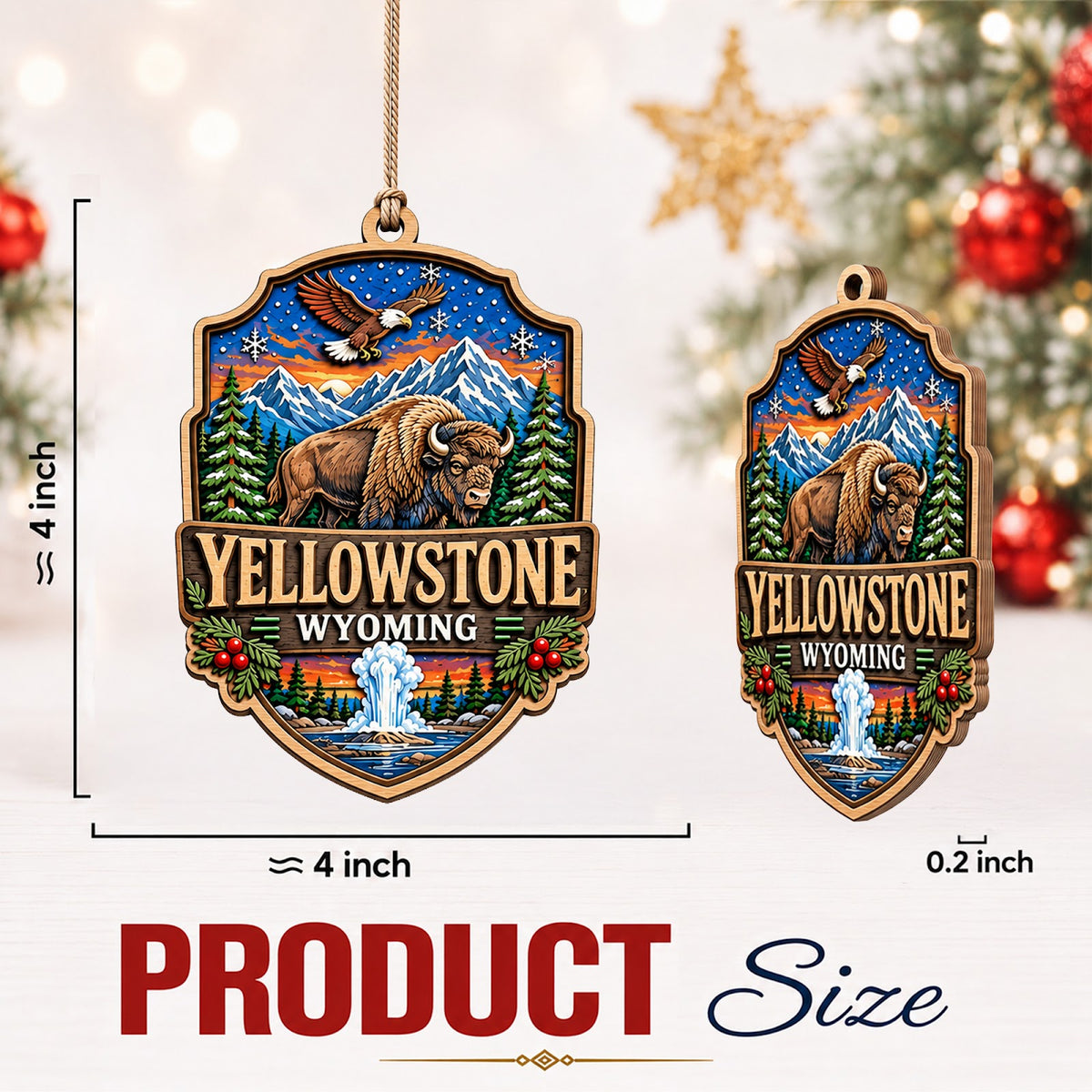 Yellowstone National Park Christmas Ornament, Wyoming Geyser and Bison Gift, Wood Ornament
