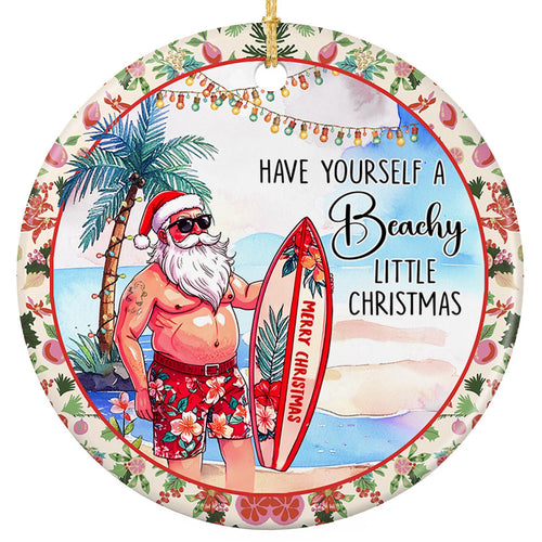 Santa in Sunglasses and Hibiscus Trunks Holding a Surfboard by a Palm Tree. Ceramic Keepsake.