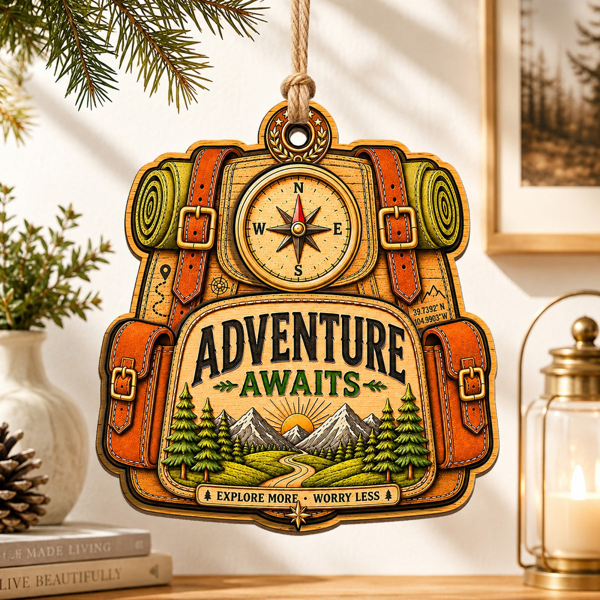 Adventure Awaits Explore Travel Christmas Ornament, Wanderlust Keepsake, Wood Tree Decoration