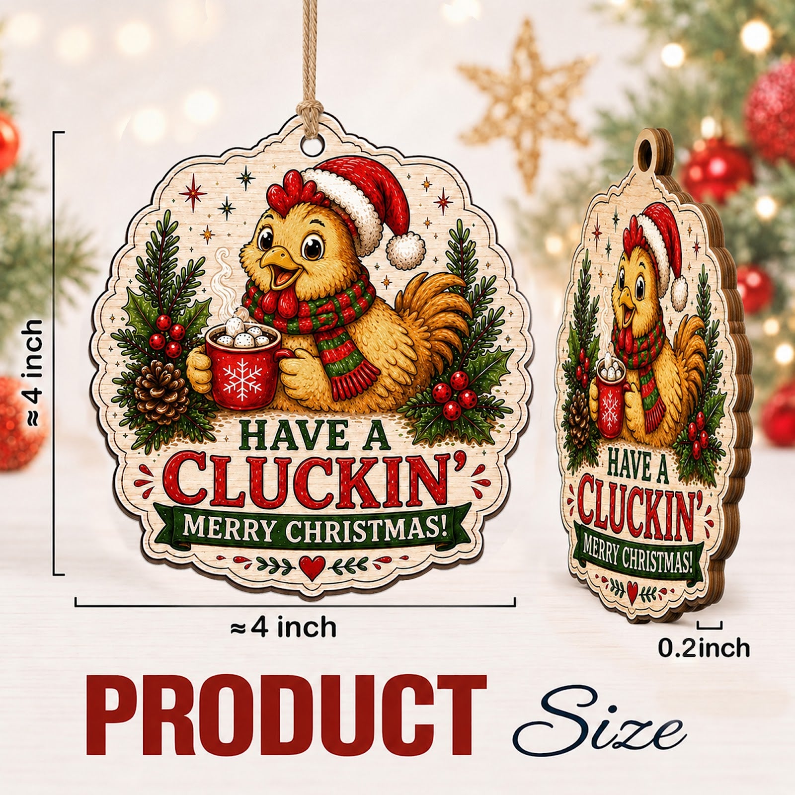 Chicken Christmas Ornament, Stocking Stuffer For Chicken Fan, Wood Hanging Tree Decoration