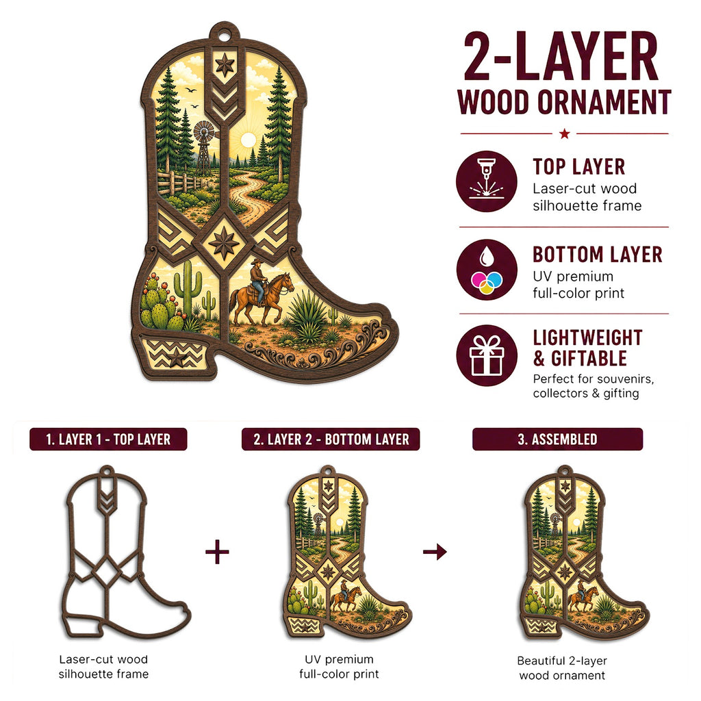Western Boot Cowboy Country Christmas Ornament, Stocking Stuffer For Cowgirl, Wood Ornament