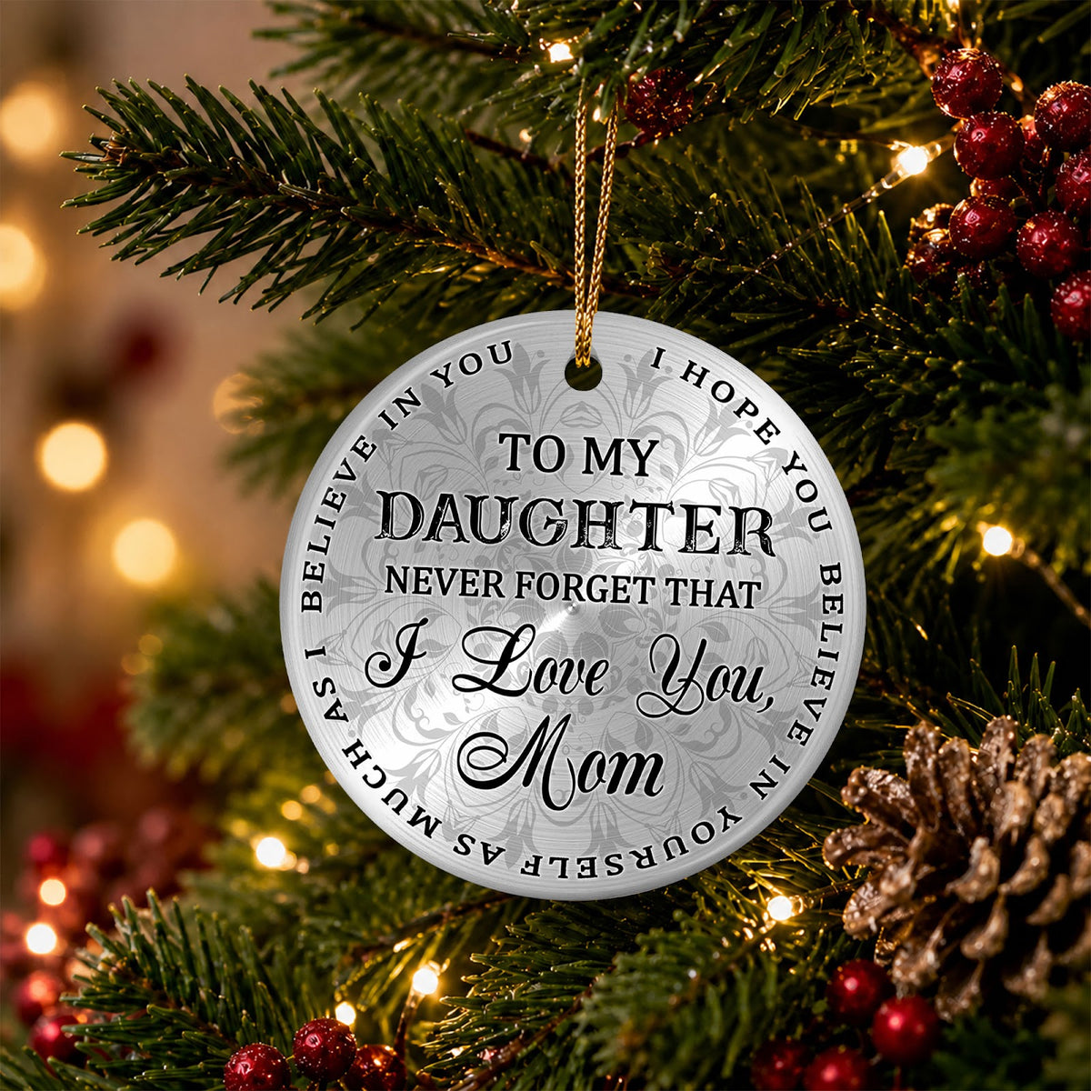 Daughter Christmas Ornament, To My Daughter Love Mom Keepsake, Ceramic Hanging Tree Decoration