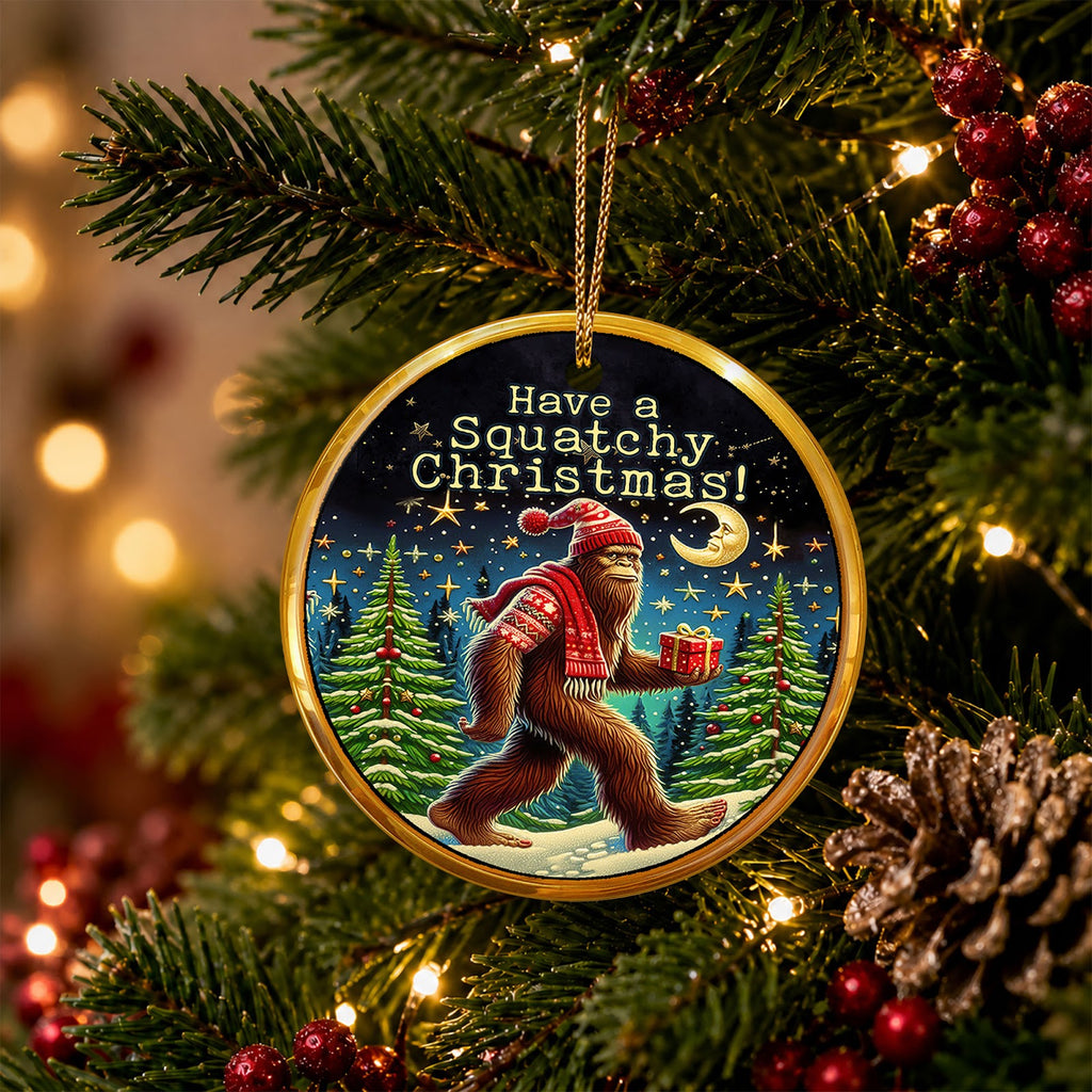 Bigfoot Christmas Ornament, Nordic Sweater Sasquatch Gift, Ceramic Hanging Tree Decoration