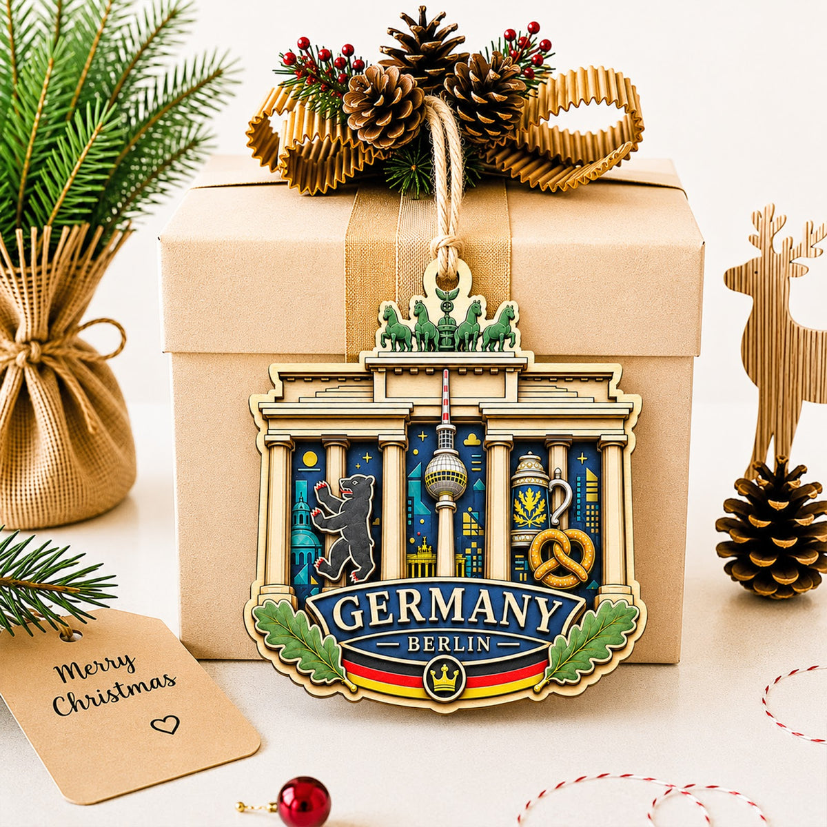 France Christmas Ornament, Paris Eiffel Tower and Seine Souvenir Gift, Wood Tree Decoration