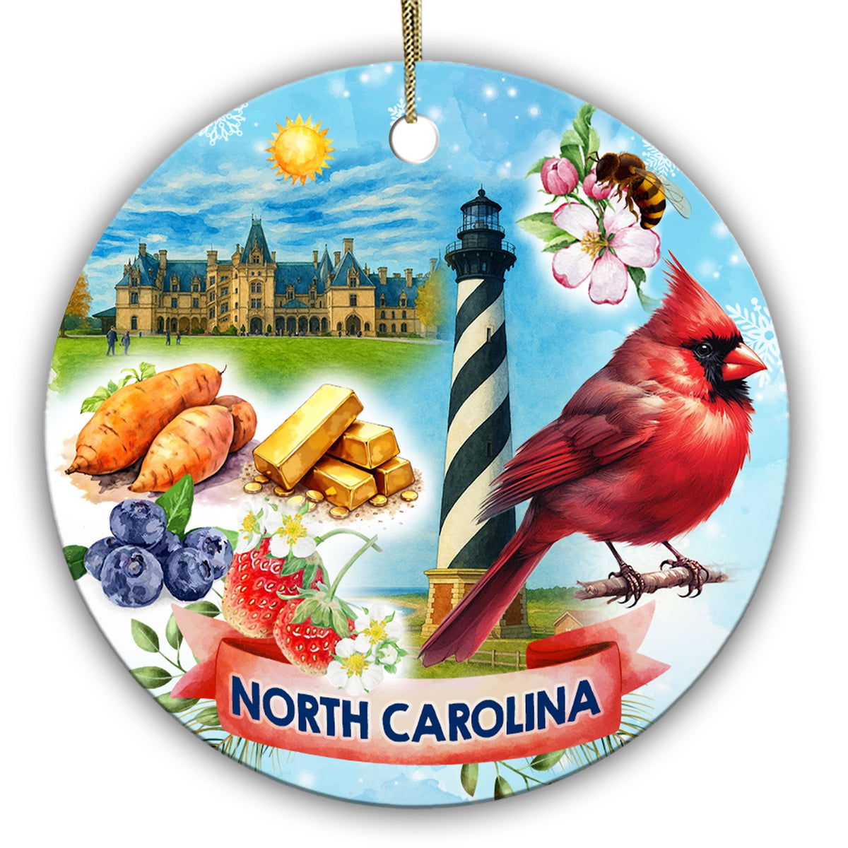 Cardinal, Striped Lighthouse and a Grand Stone Estate in Watercolor. Ceramic Keepsake for North Carolina Memories.