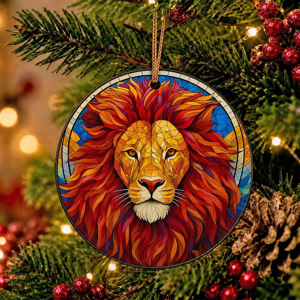 Lion Christmas Ornament, Fiery Mosaic Mane Big Cat Gift, Ceramic Hanging Tree Decoration