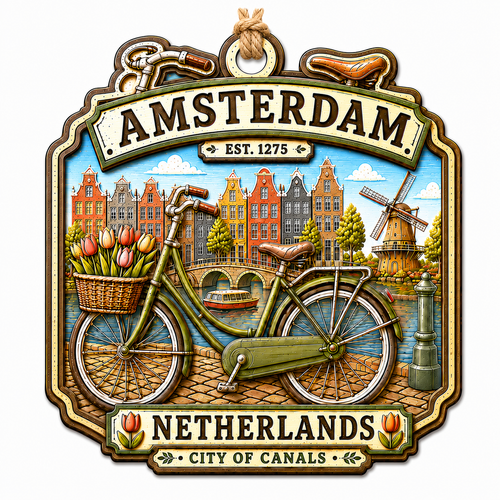 Canal Houses, Bicycles and a Windmill Across Two Wood Layers. Keepsake for Dutch Culture and Cycling Fans.