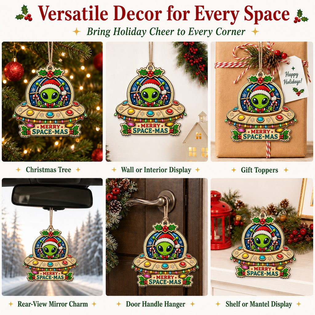 UFO Alien Abduction Space Funny Christmas Ornament, Space Alien Keepsake, Wood Tree Decoration
