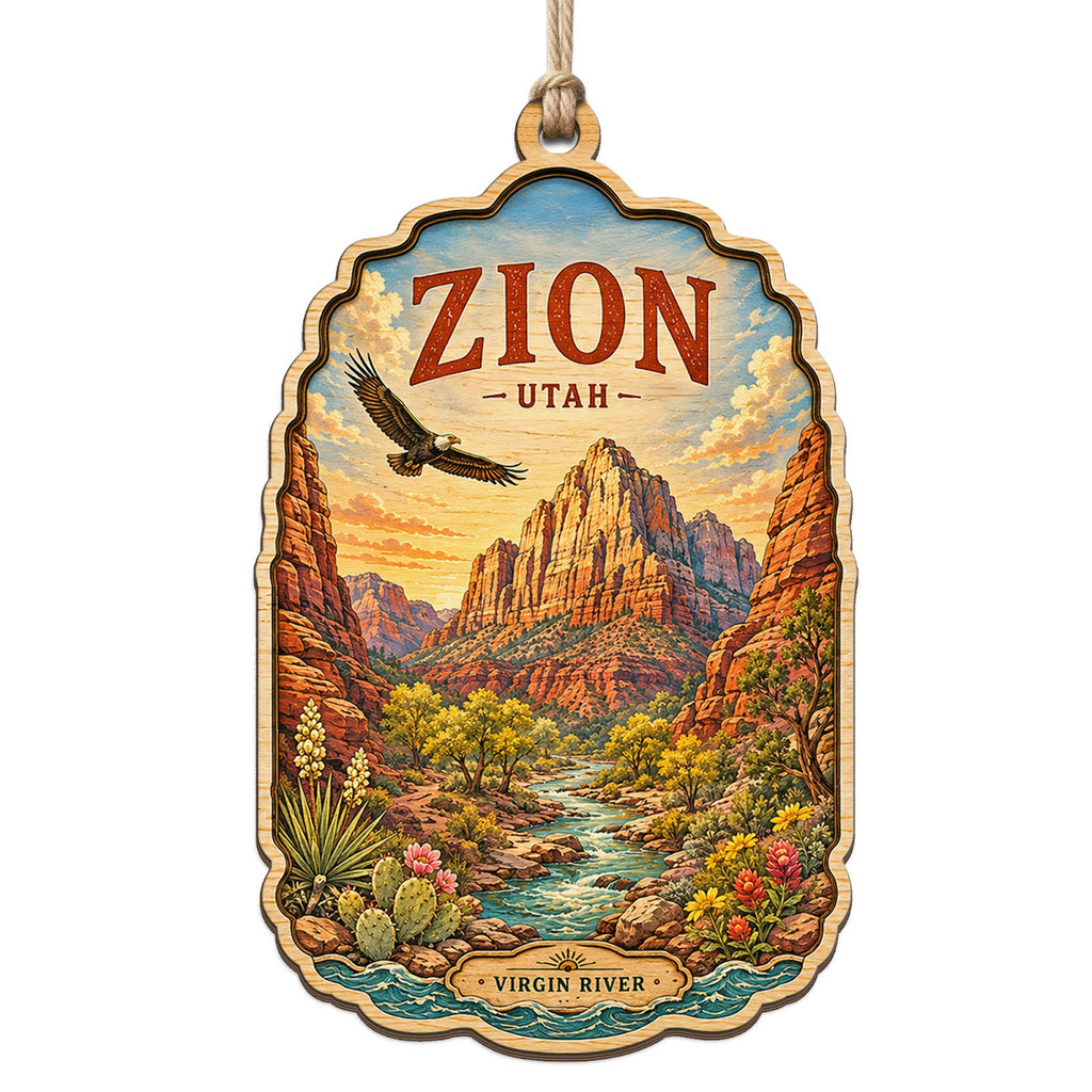 A Landmark Peak With Towering Sandstone Canyon Walls and the River Below. Wood Keepsake for Hikers.