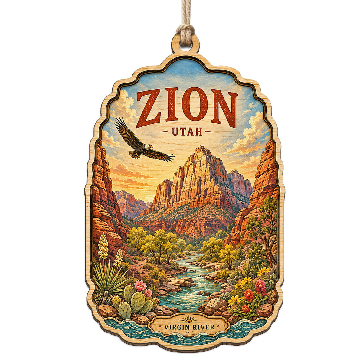 A Landmark Peak With Towering Sandstone Canyon Walls and the River Below. Wood Keepsake for Hikers.