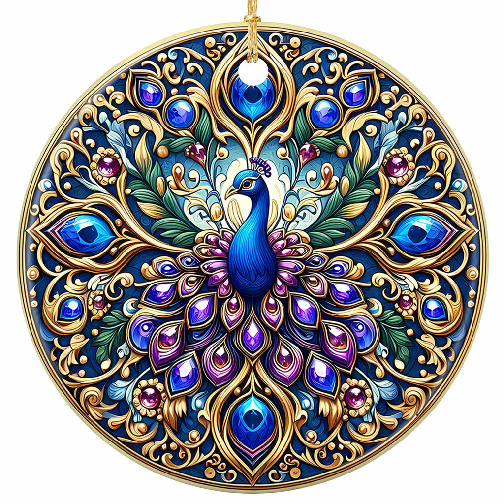 Royal Blue Peacock Fanning a Gem-Faceted Tail in Raised Gold Filigree on Navy. Ceramic Keepsake.