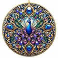 Royal Blue Peacock Fanning a Gem-Faceted Tail in Raised Gold Filigree on Navy. Ceramic Keepsake.