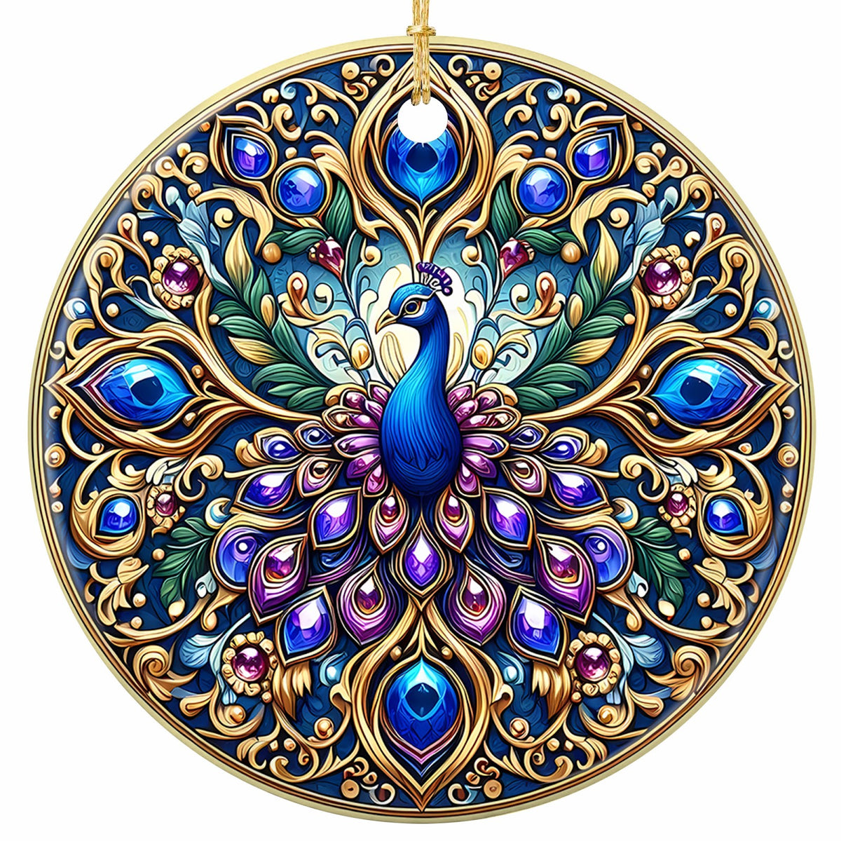 Royal Blue Peacock Fanning a Gem-Faceted Tail in Raised Gold Filigree on Navy. Ceramic Keepsake.