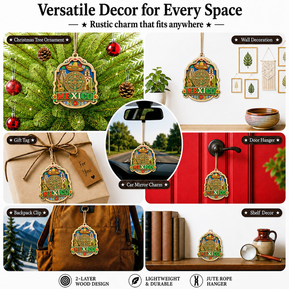 Mexico Christmas Ornament, Mayan Pyramid and Mariachi Souvenir Gift, Wood Tree Decoration