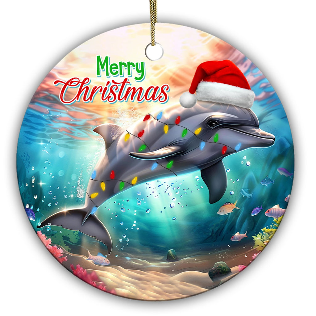 Dolphin Leaping Through Turquoise Water in a Santa Hat and Bulb Lights. Ceramic Keepsake for Ocean Lovers.