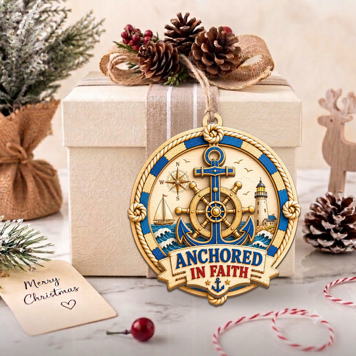 Nautical Anchor Ocean Sailor Christmas Ornament, Stocking Stuffer For Sailor, Wood Ornament