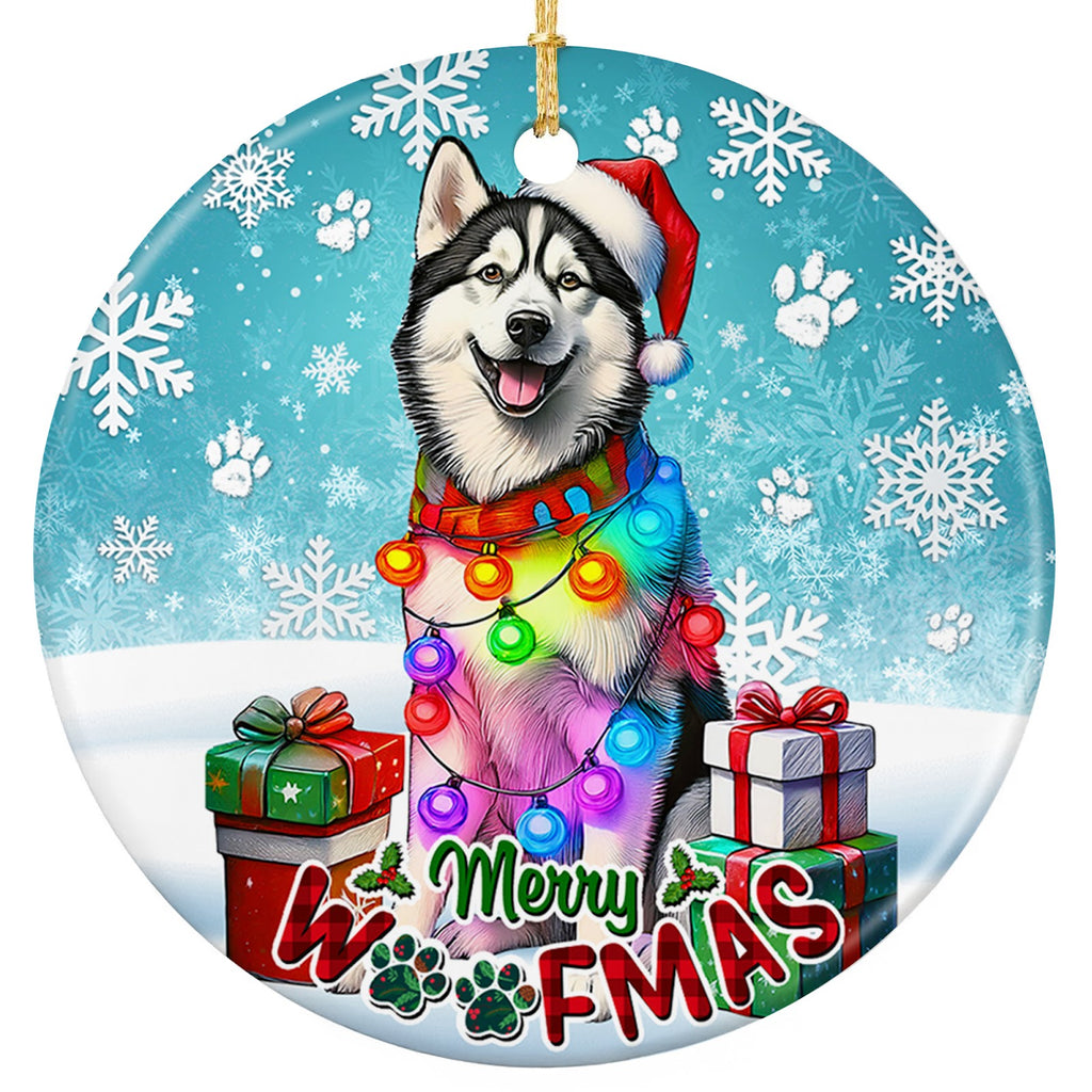Blue-Eyed Husky in a Santa Hat Wound in Rainbow Lights. Ceramic Keepsake for Husky and Malamute Owners.