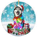 Blue-Eyed Husky in a Santa Hat Wound in Rainbow Lights. Ceramic Keepsake for Husky and Malamute Owners.
