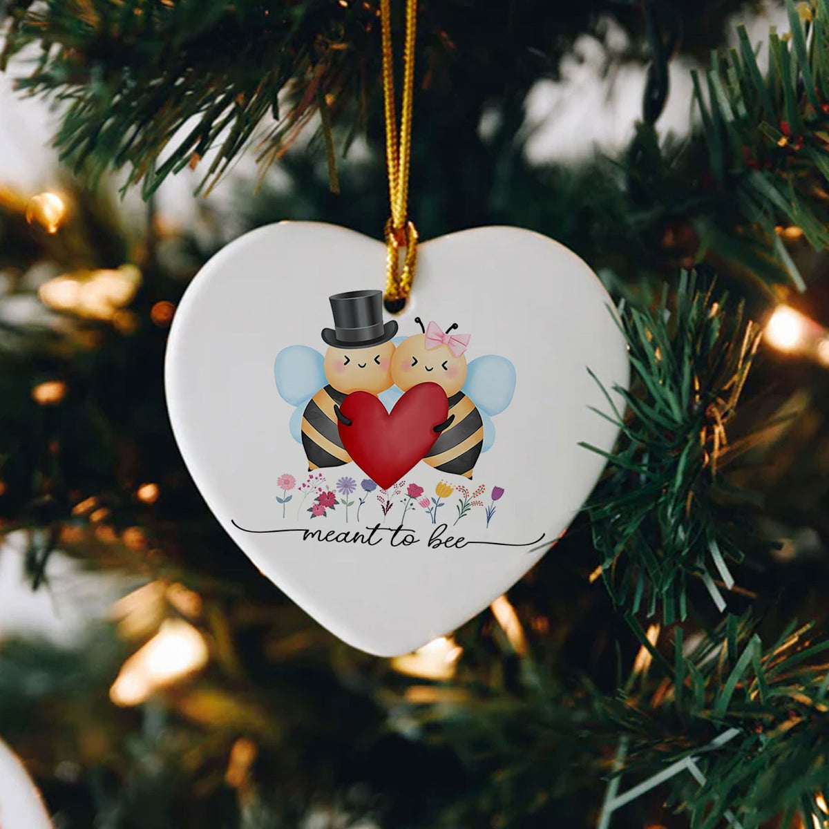 Bee Christmas Ornament, Meant To Bee Couples Heart Gift, Ceramic Hanging Tree Decoration
