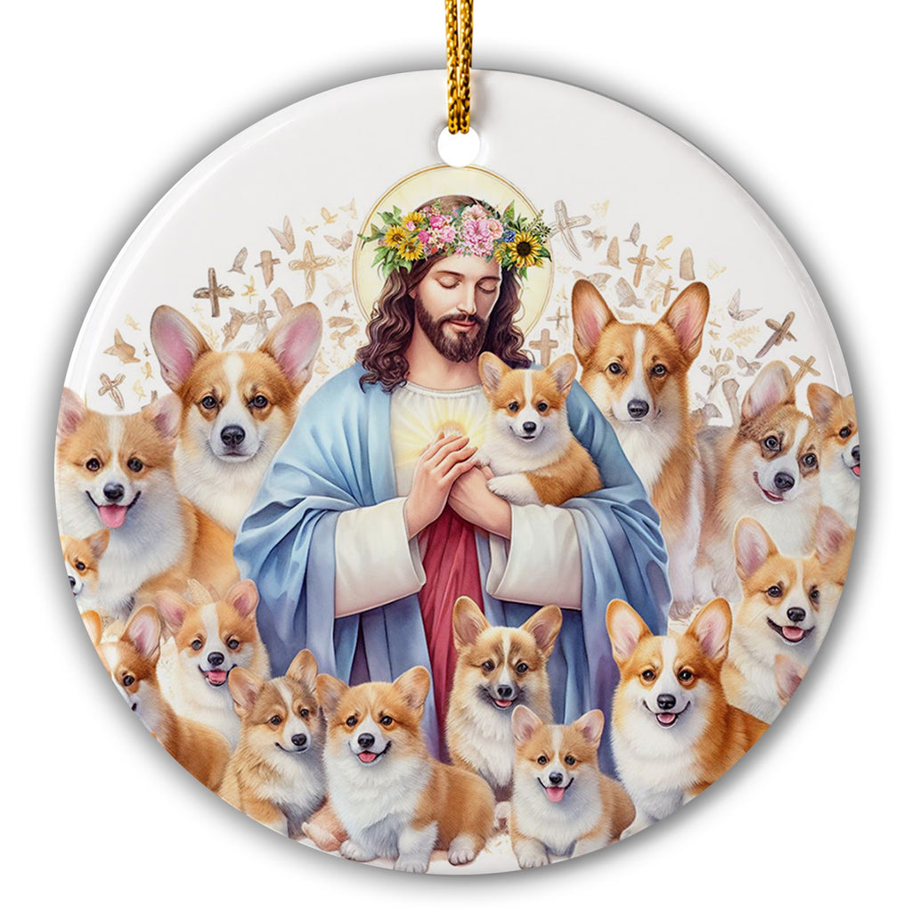 Corgis Gathered in Golden Light With a Flower Crown. Ceramic Keepsake for Corgi Owners and Pet Remembrance.