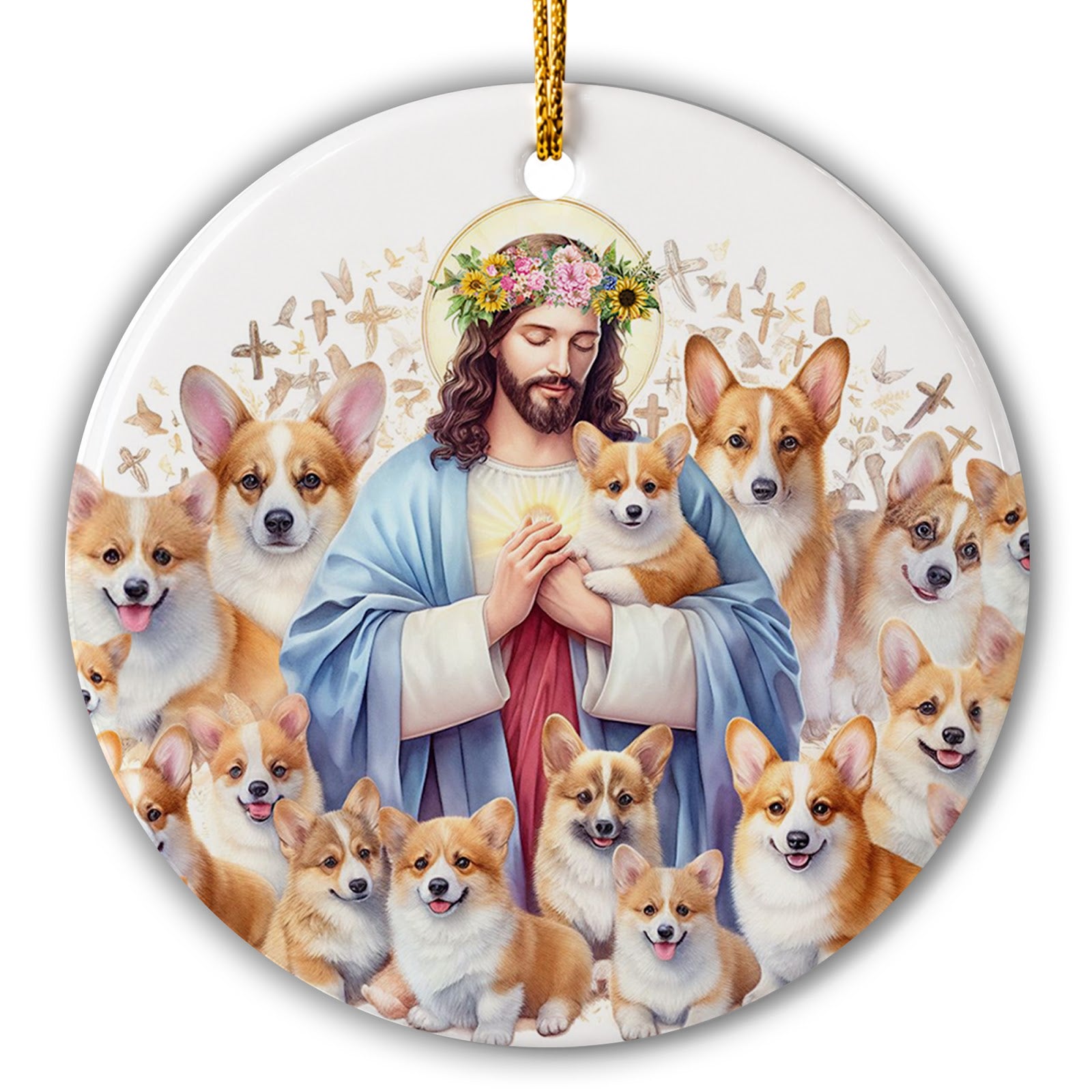 Corgis Gathered in Golden Light With a Flower Crown. Ceramic Keepsake for Corgi Owners and Pet Remembrance.