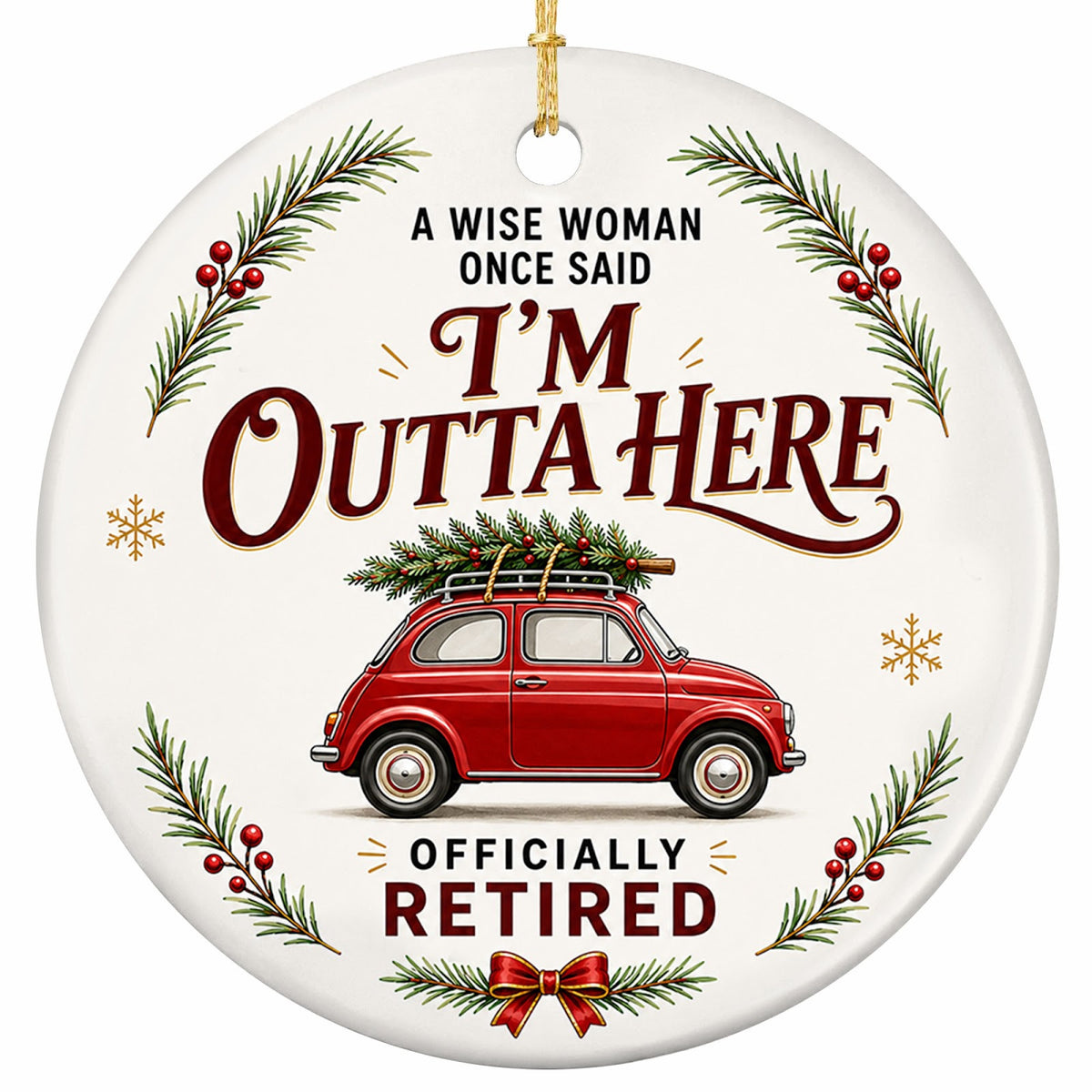 A little red vintage car carrying a Christmas tree on its roof rack. Glazed ceramic keepsake for a woman retiring.