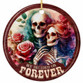 Two Watercolour Skeletons Embracing Among Full-Blown Roses in a Maroon Woodgrain Frame. Ceramic Keepsake.
