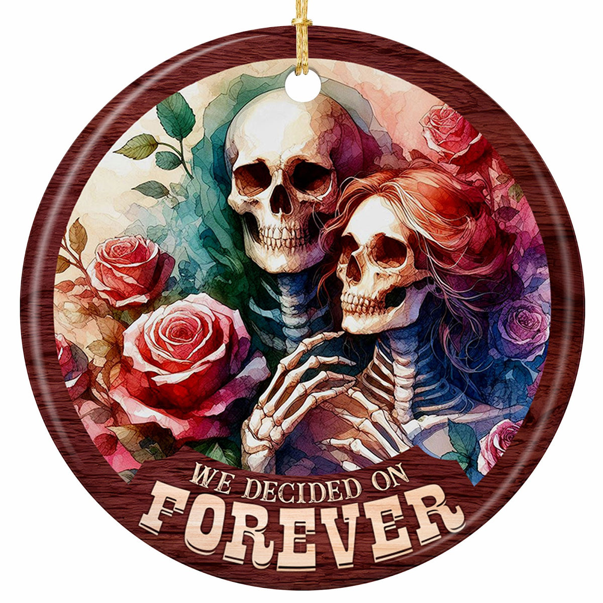 Two Watercolour Skeletons Embracing Among Full-Blown Roses in a Maroon Woodgrain Frame. Ceramic Keepsake.