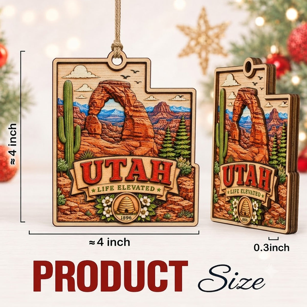 Utah Christmas Ornament, Red Rock Arches and Canyon Hiker Gift, Wood Hanging Tree Decoration