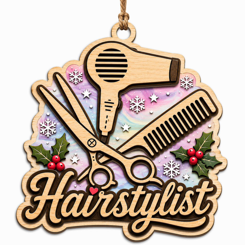 Scalloped Ornament Shows Scissors, A Comb, And A Hair Dryer For Hairstylists. Gift For Salon Professionals.