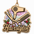 Scalloped Ornament Shows Scissors, A Comb, And A Hair Dryer For Hairstylists. Gift For Salon Professionals.