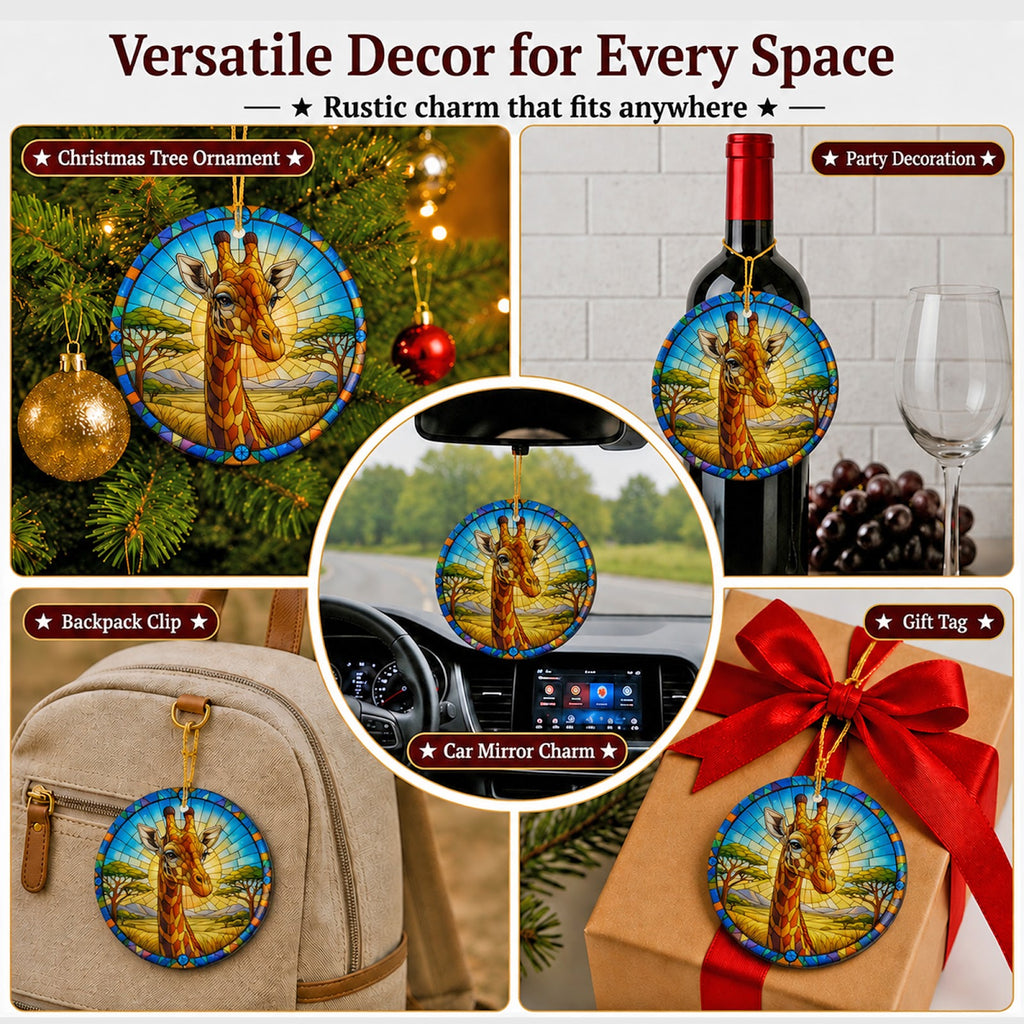 Giraffe Christmas Ornament, Stained Glass Safari Zoo Gift, Ceramic Hanging Tree Decoration