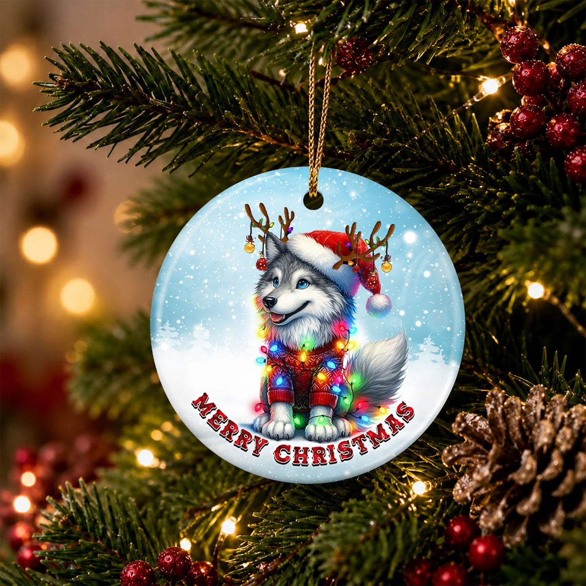 Husky Christmas Ornament, Santa Hat Sweater Dog Gift, Ceramic Hanging Tree Decoration