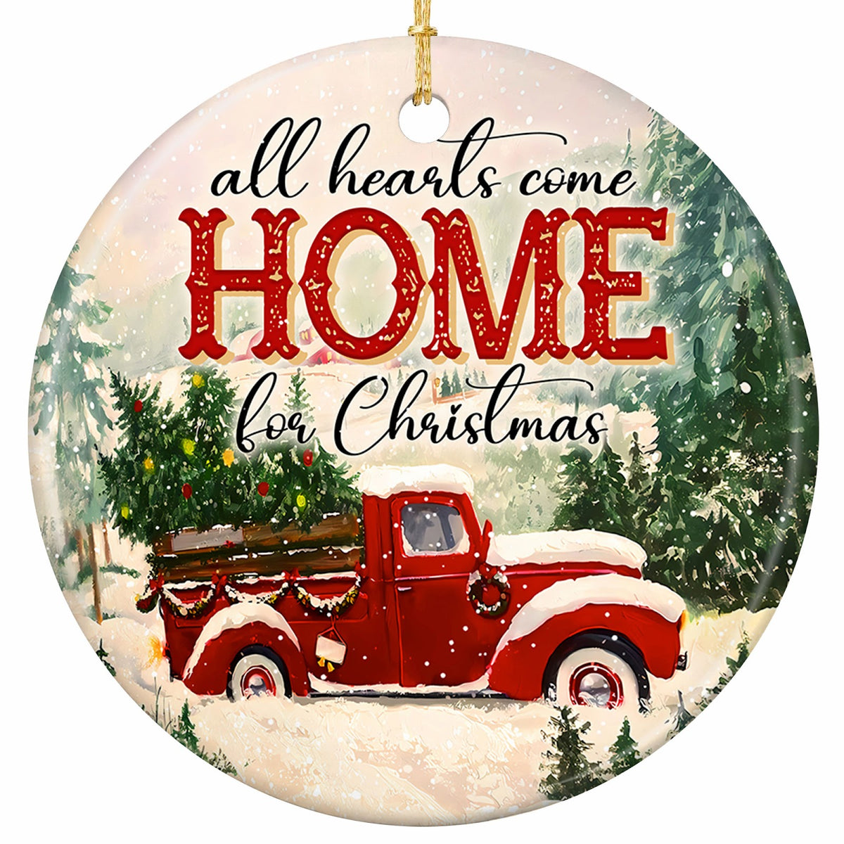 Vintage Red Pickup Loaded With a Tree and Wreaths Driving Through Snowy Pines. Ceramic Keepsake.