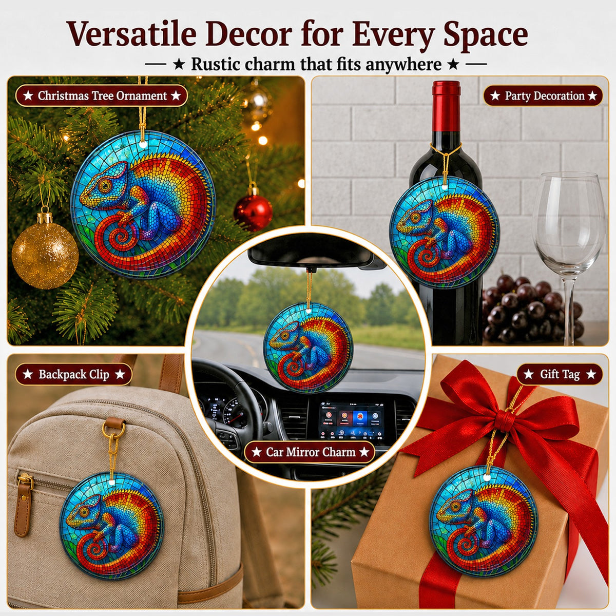Chameleon Christmas Ornament, Stained Glass Reptile Gift, Ceramic Hanging Tree Decoration
